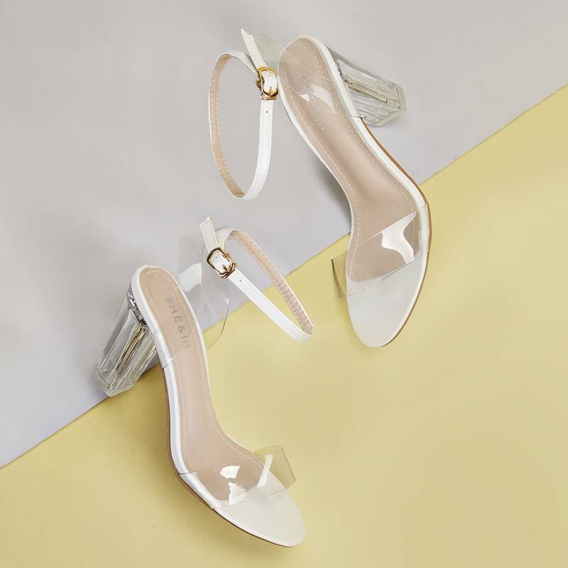 

Clear Ankle Strap Chunky Heels, White