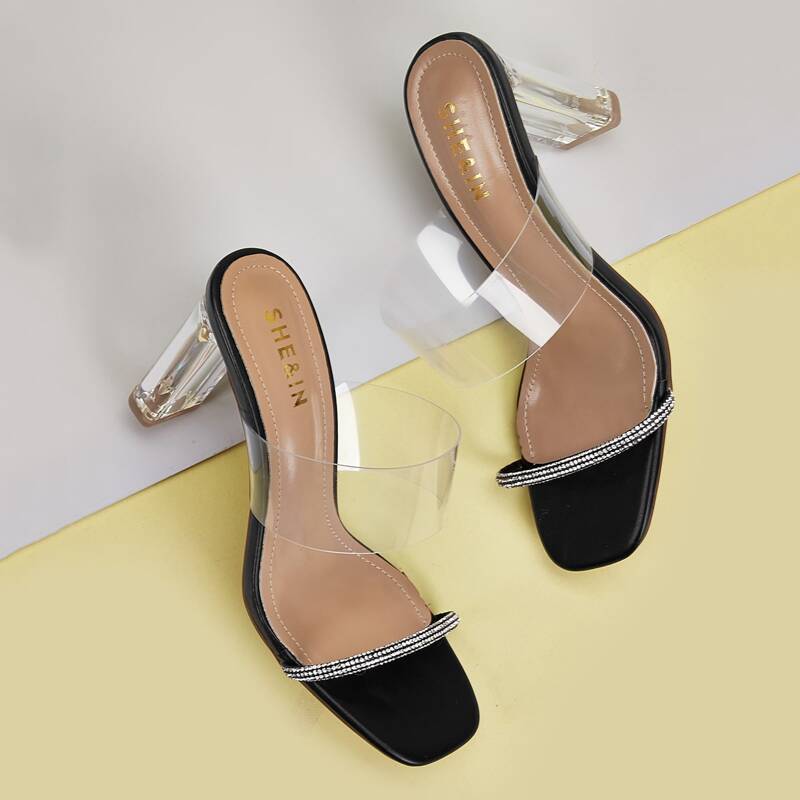 

Rhinestone Decor Clear Strap Heeled Mules, Silver