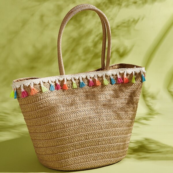 

Tassel Decor Woven Tote Bag, Brown