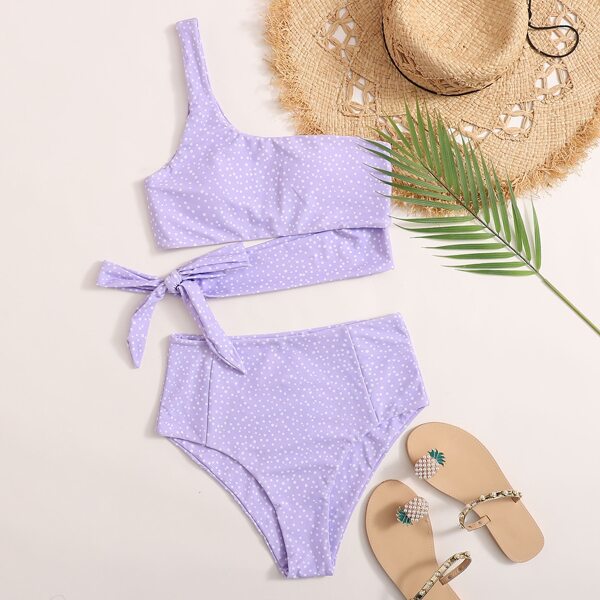 

Polka Dot One Shoulder High Waisted Bikini Swimsuit, Purple