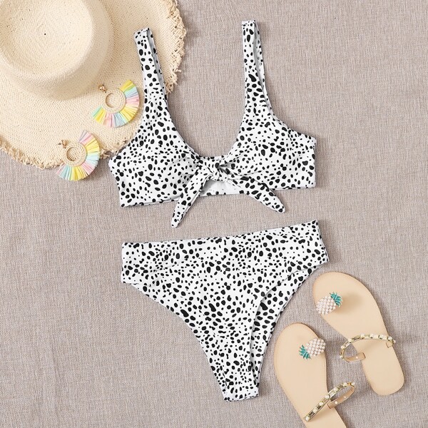 

Dalmatian Knot Front Bikini Swimsuit, Black and white