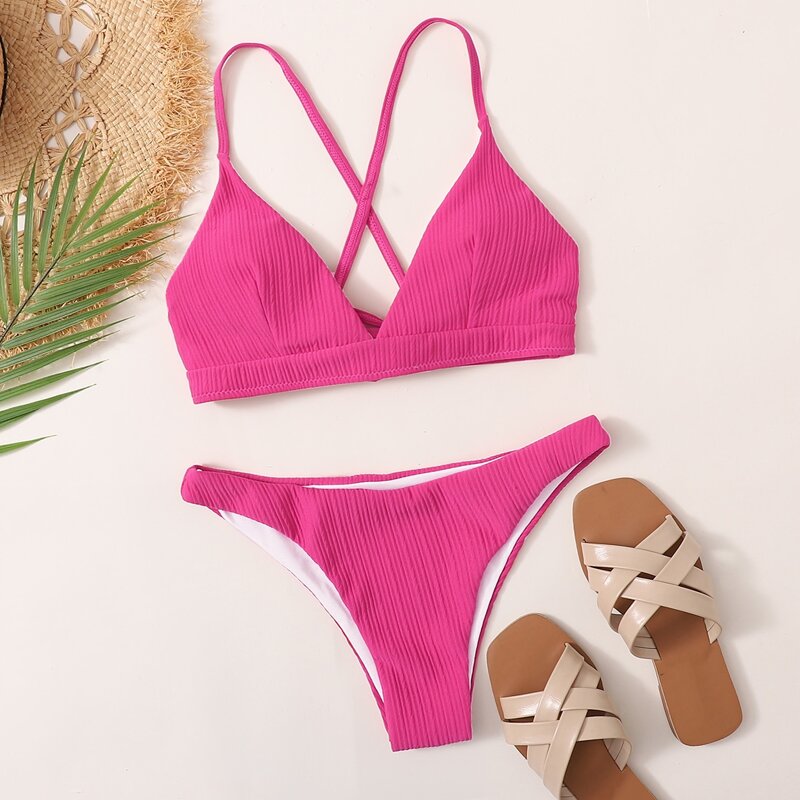 

Textured Crisscross Tie Back Bikini Swimsuit, Pink