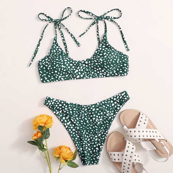 

Dalmatian Tie Shoulder Bikini Swimsuit, Green