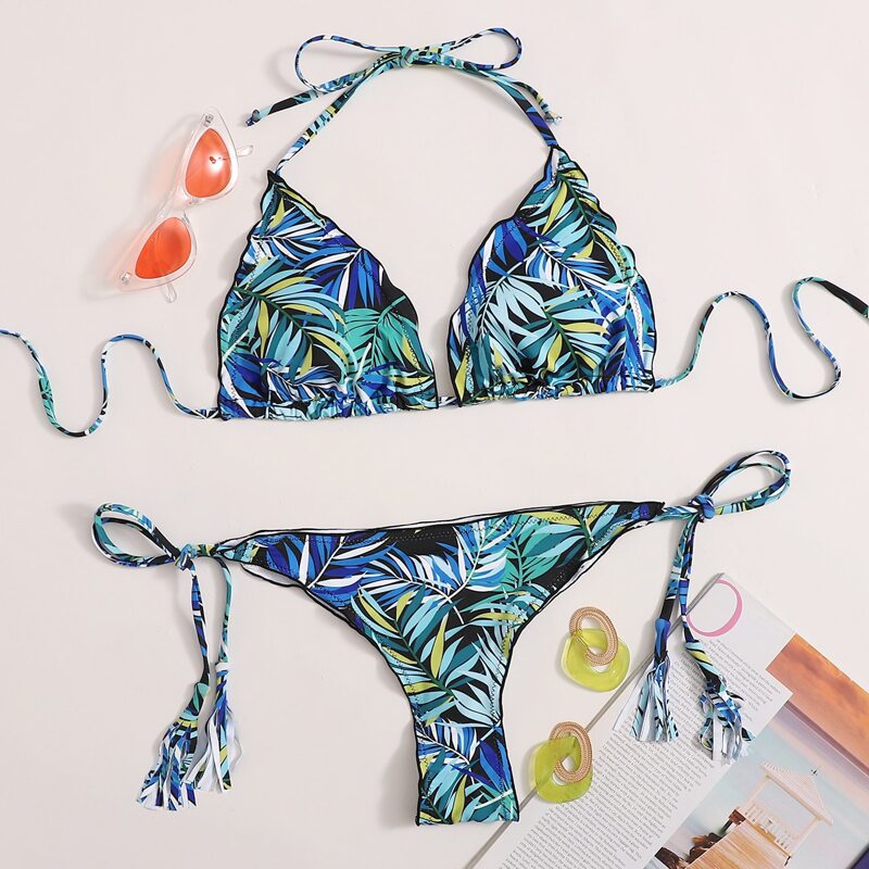 

Tropical Lettuce Trim Tie Side Bikini Swimsuit, Multicolor