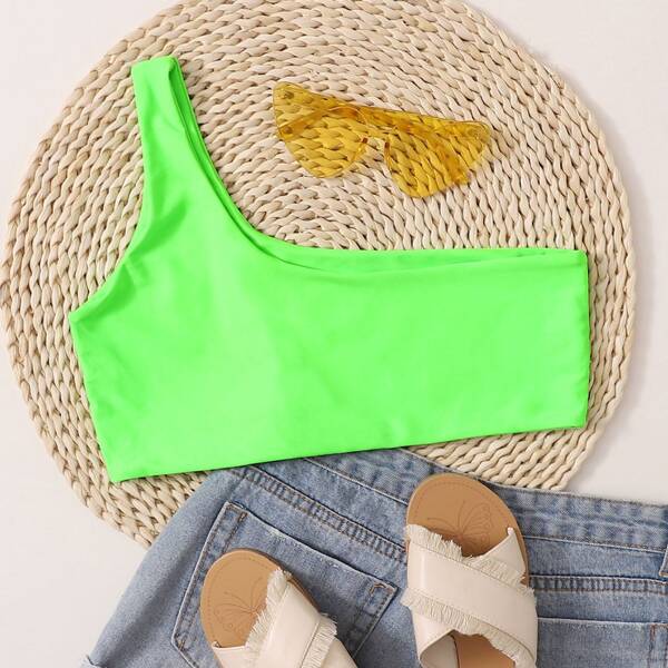 

Neon Green One Shoulder Bikini Top, Green bright