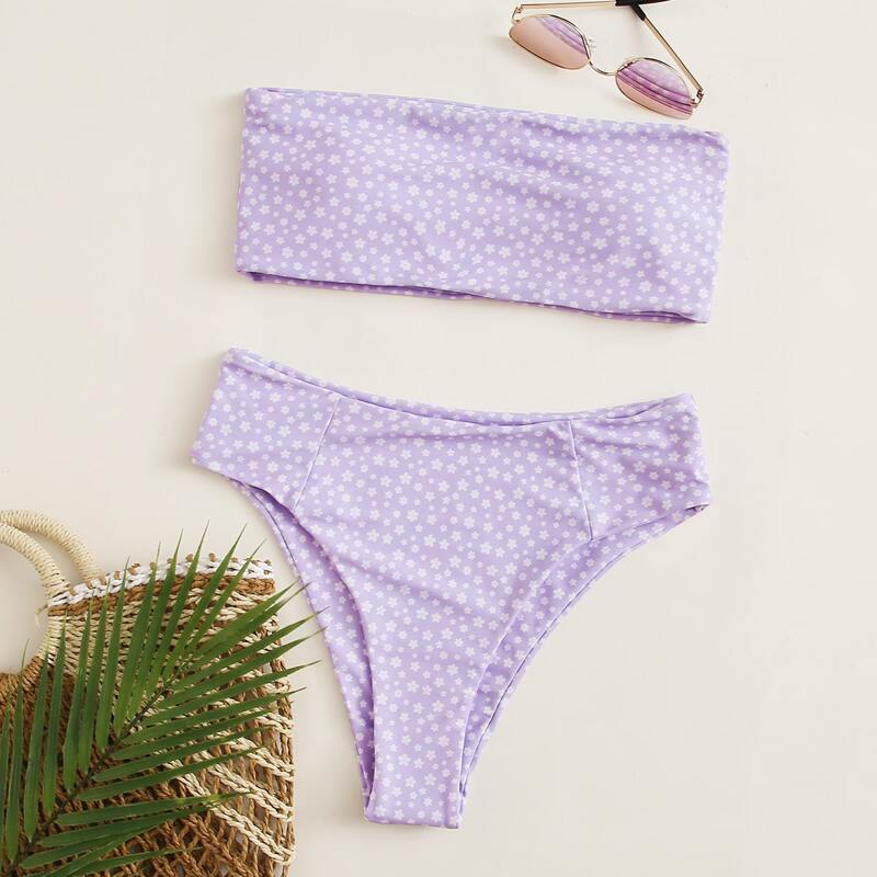 

Ditsy Floral Bandeau High Waisted Bikini Swimsuit, Purple