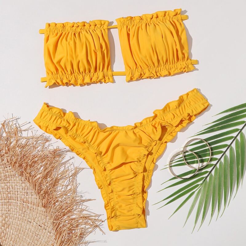 

Ruched Lettuce Trim Bandeau Bikini Swimsuit, Yellow