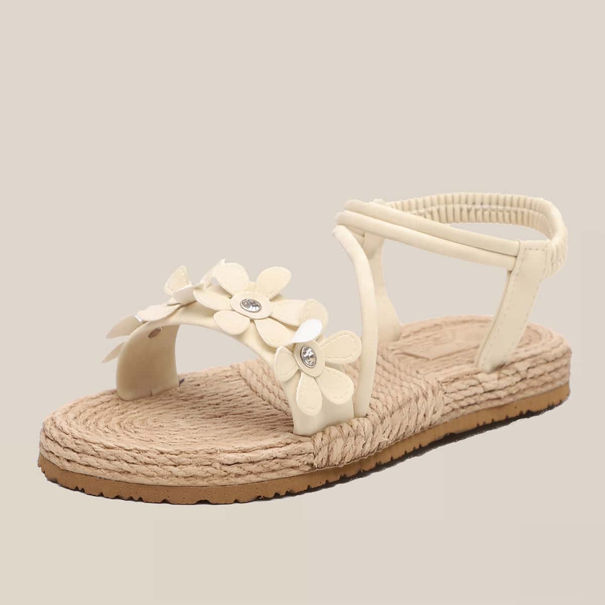 

Floral Appliques Ankle Strap Sandals, Beige