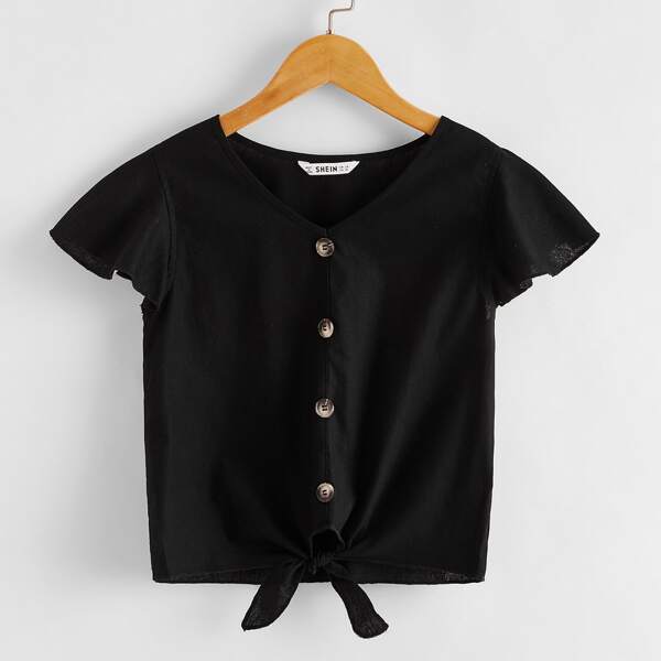 

Girls Button Front Knotted Flutter Sleeve Top, Black