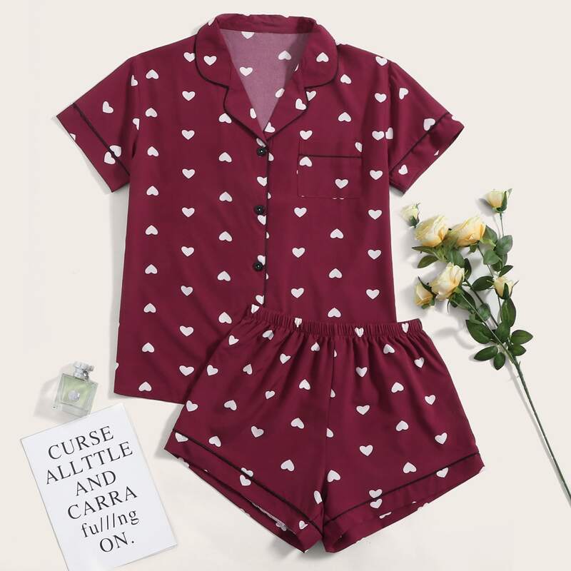 

Allover Heart Print Pocket Front Pajama Set, Burgundy