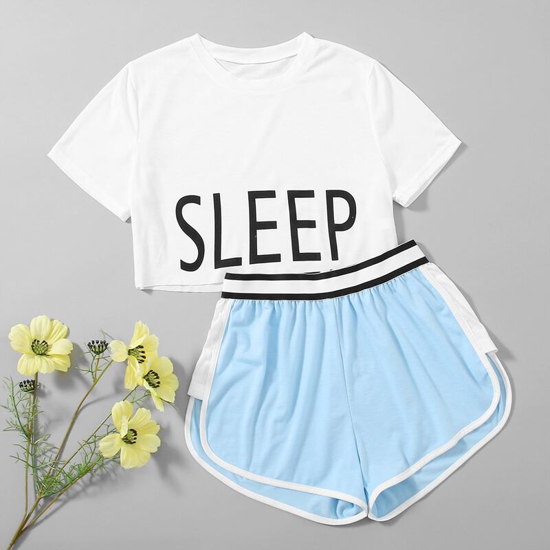 

Letter Graphic Crop Tee & Dolphin Shorts Pajama Set, Multicolor