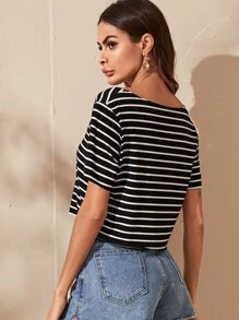 SHEIN EZwear v領條紋短版t恤 - 黑色 - 查看 2