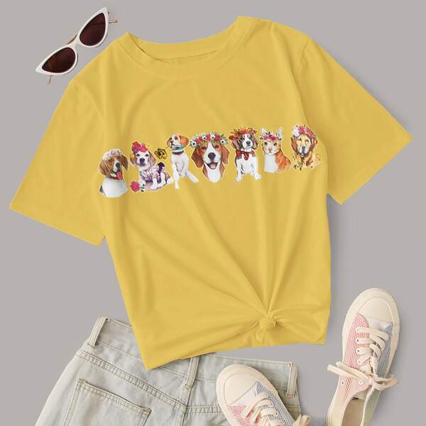 

Dog And Cat Print Crew Neck Tee, Yellow