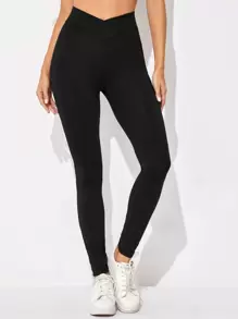 SHEIN Overlap Waist Solid Leggings - Black - View 1