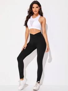 SHEIN Overlap Waist Solid Leggings - Black - View 3