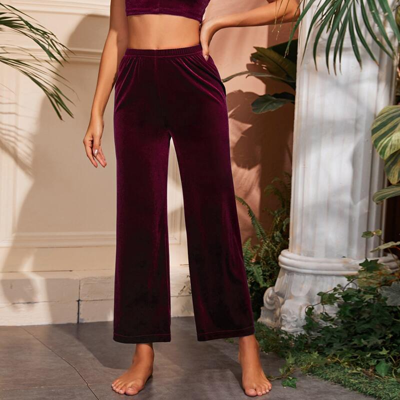 

Velvet Solid Wide Leg Sleep Pants, Burgundy