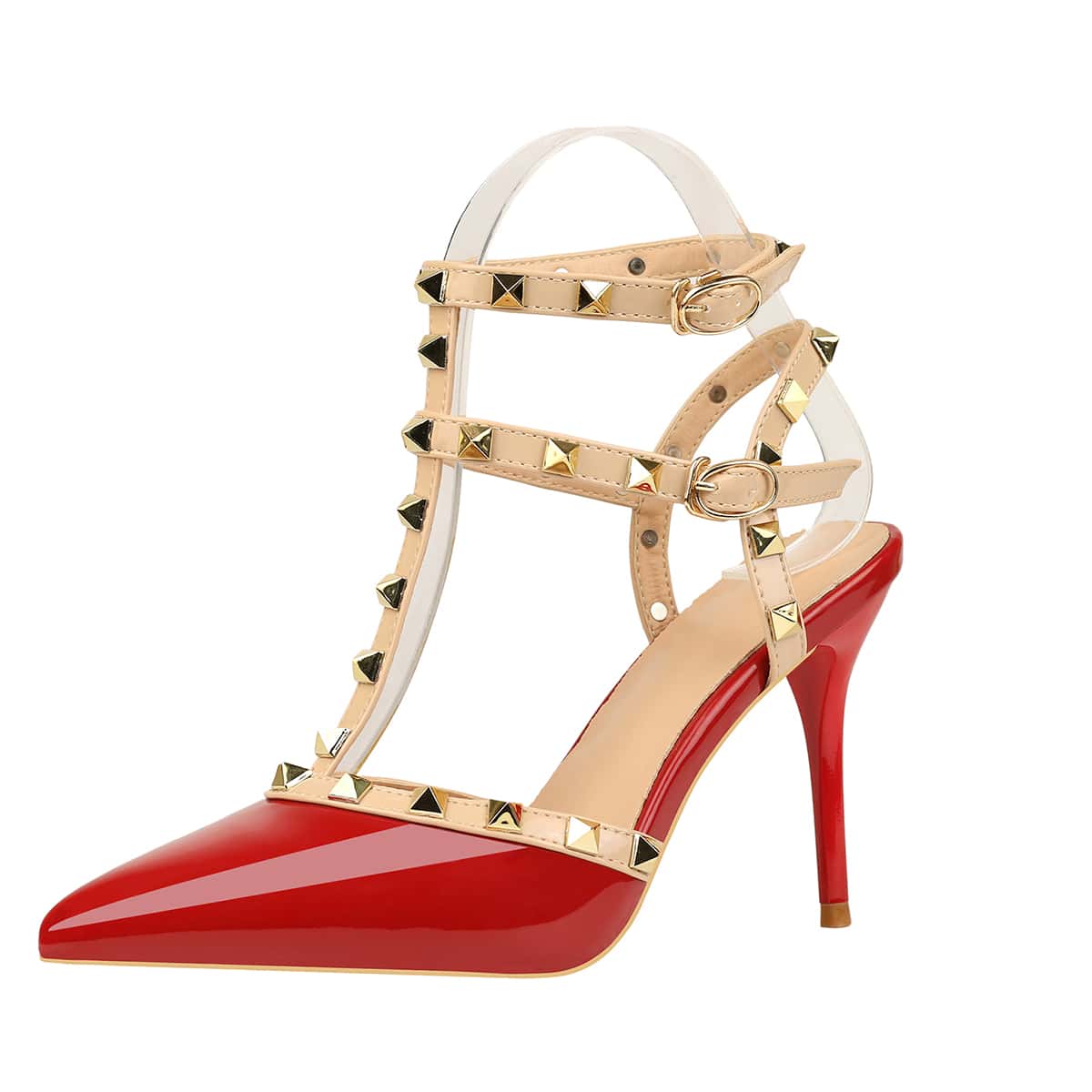 

Point Toe Spiked Decor Stiletto Heels, Red
