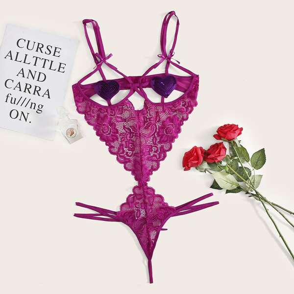 

Sequin Heart Floral Lace Teddy Bodysuit, Purple