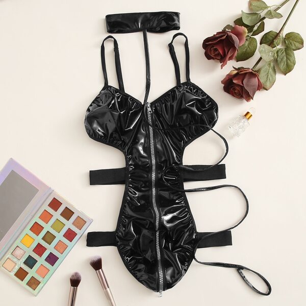 

Zip Front Faux Leather Choker Teddy Bodysuit, Black