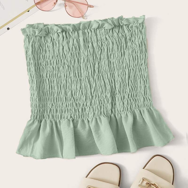 

Chiffon Shirred Peplum Tube Top, Green