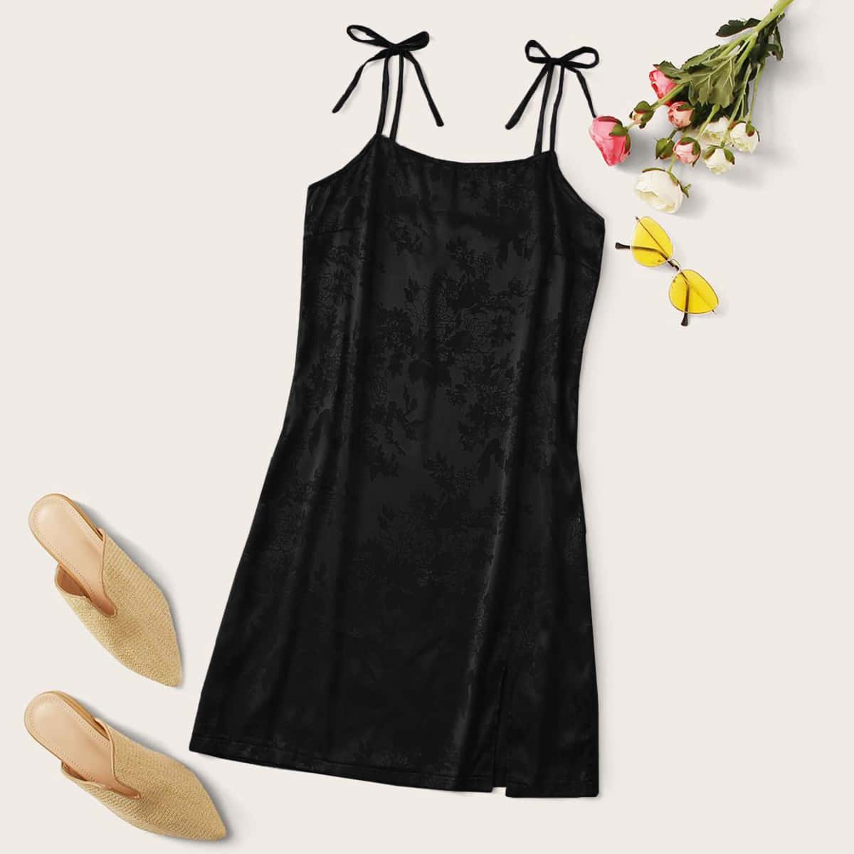 

Satin Jacquard Slit Cami Dress, Black