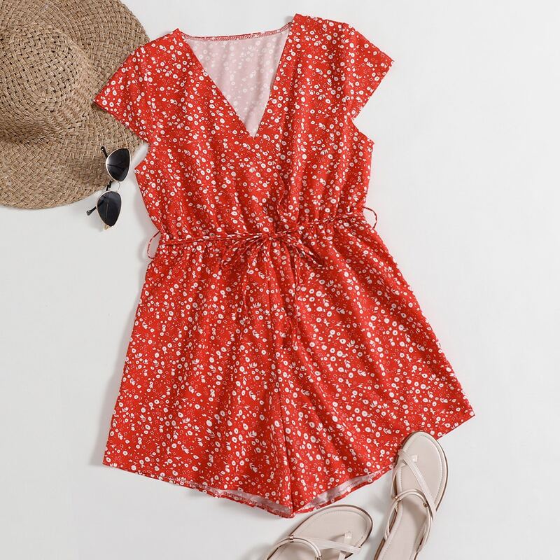 

Ditsy Floral Wrap Belted Romper, Red