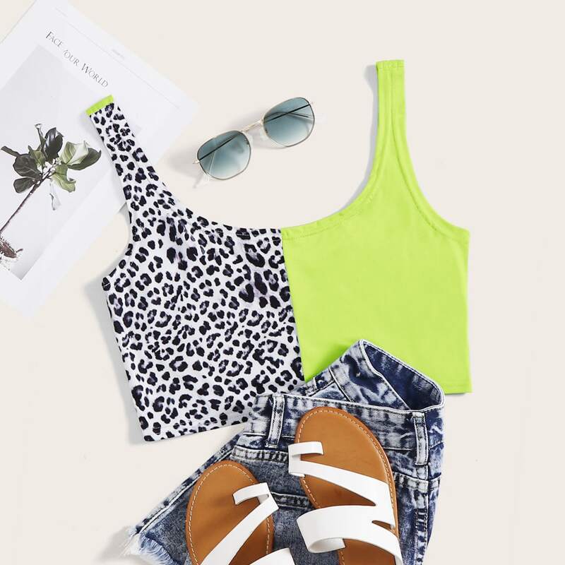 

Leopard Spliced Neon Crop Tank Top, Multicolor
