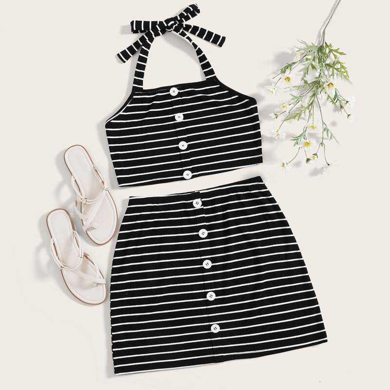 

Striped Button Front Halter Top & Skirt, Black