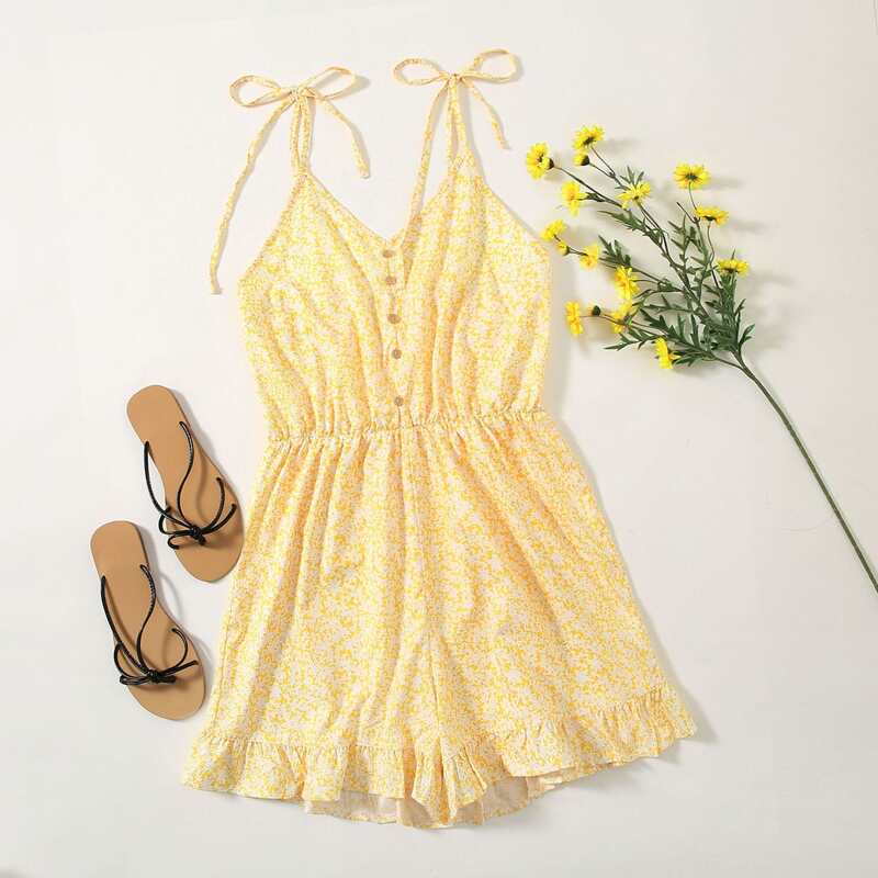 

Ditsy Floral Button Front Cami Romper, Yellow