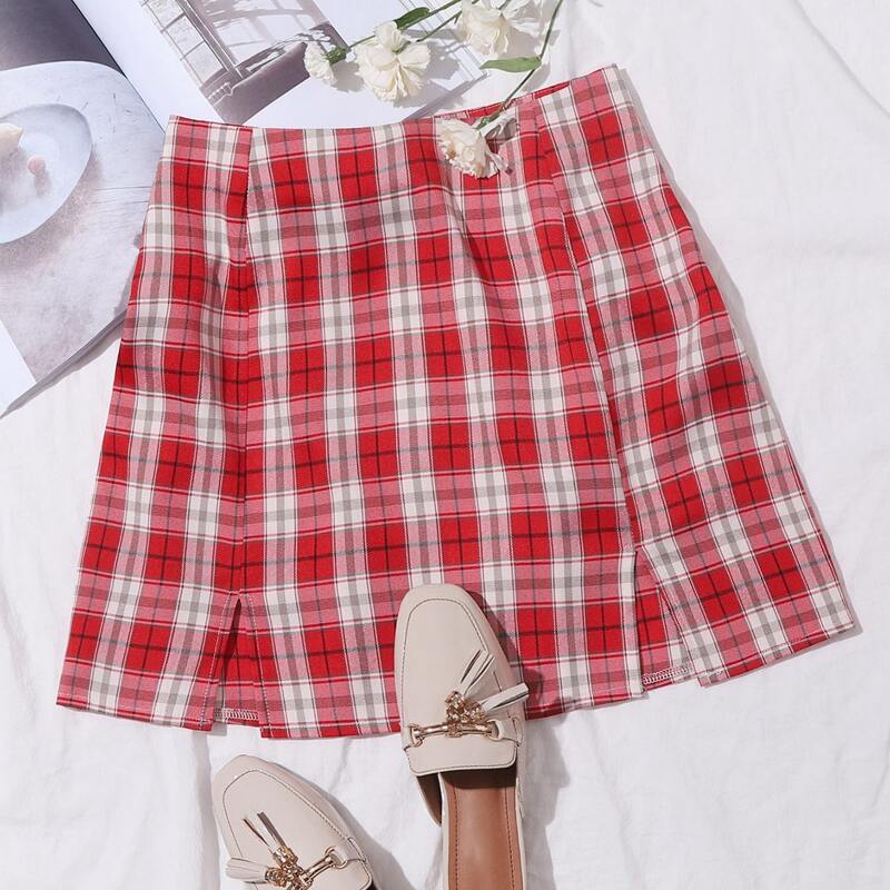 

Plaid Split Hem Mini Skirt, Red
