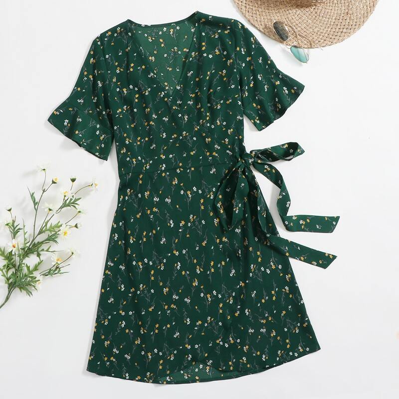 

Ditsy Floral Wrap Tie Dress, Green