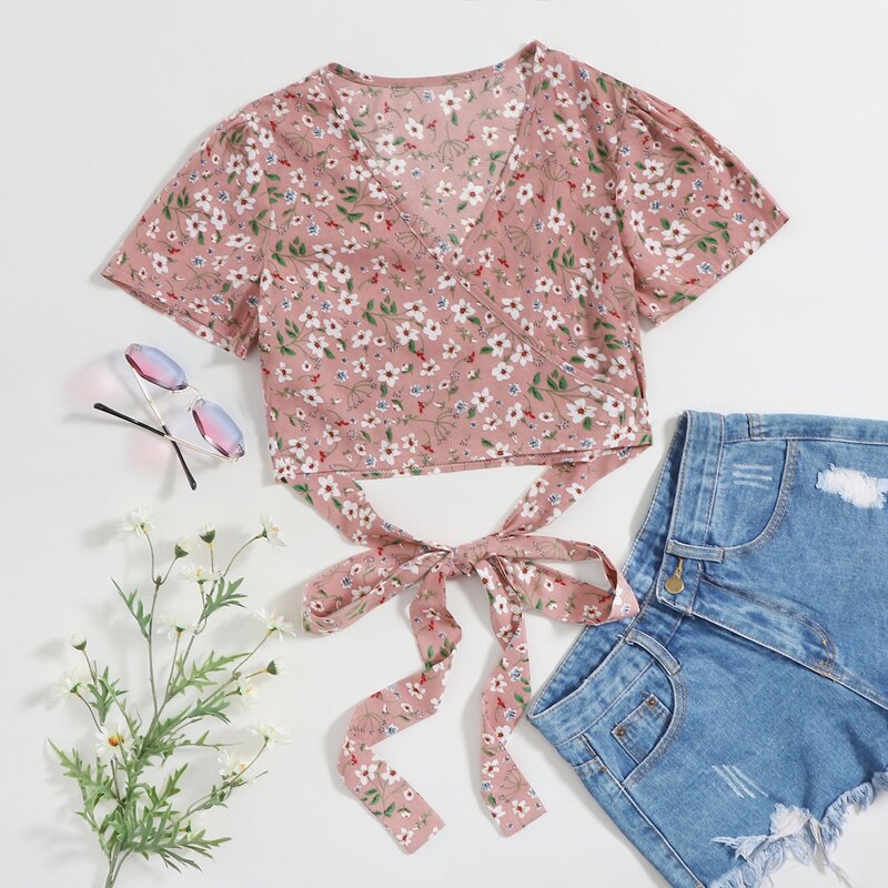 

Chiffon Floral Wrap Tie Crop Blouse, Pink