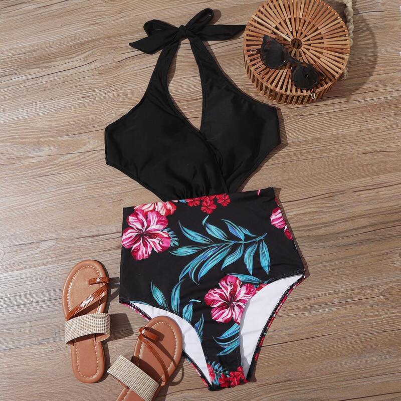 

Floral Cut-out Halter One Piece Swimsuit, Multicolor