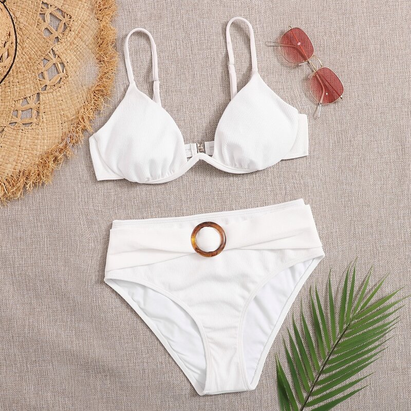 

Rib Underwire High Waisted Bikini Swimsuit, White