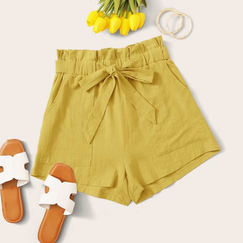 

Paperbag Waist Belted Yellow Shorts