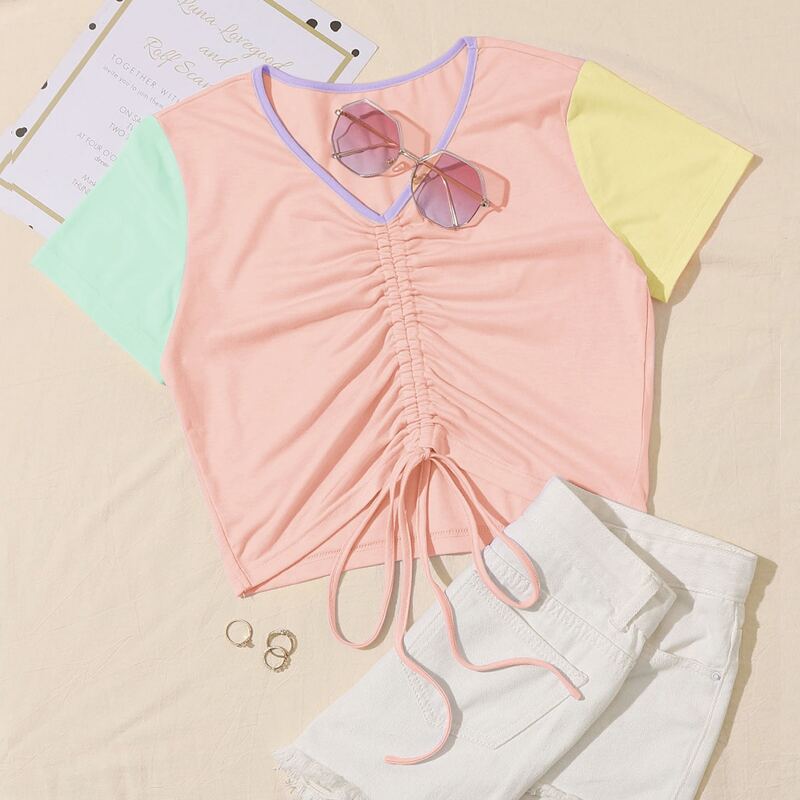 

Colorblock Sleeve Drawstring Tee, Multicolor