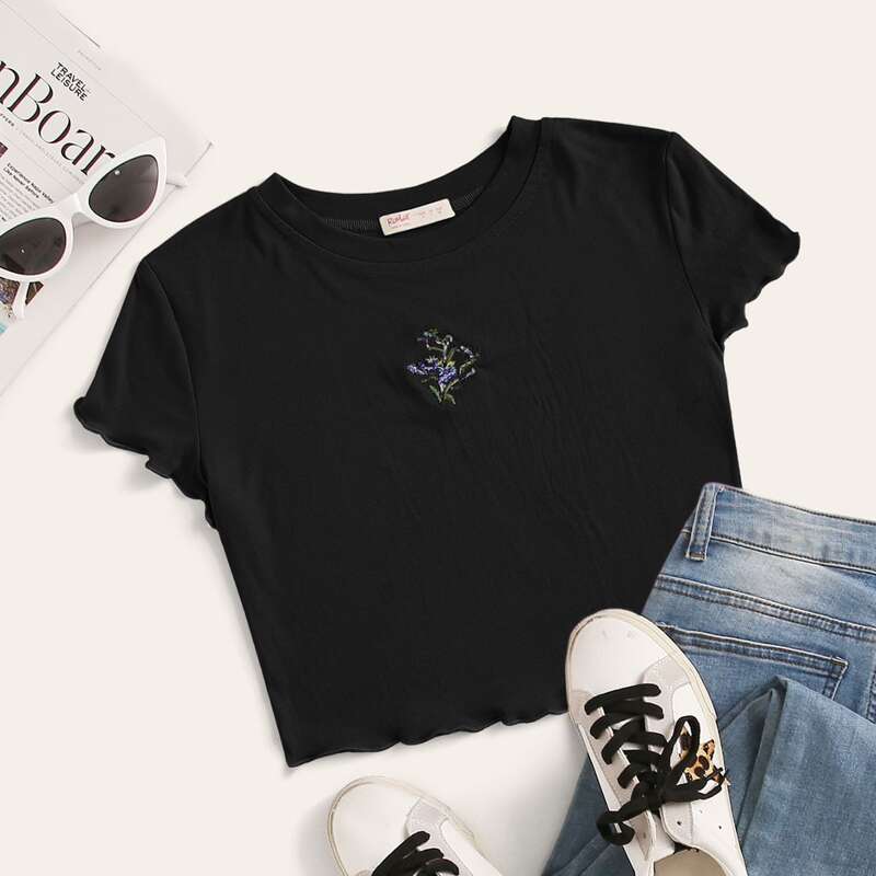 

Flower Embroidery Crop Tee, Black