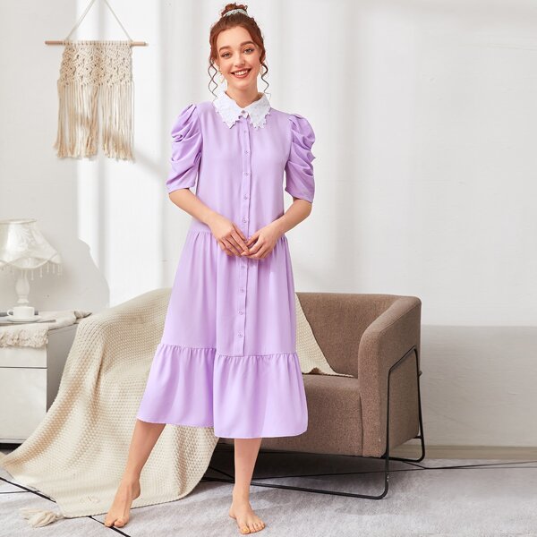 

Contrast Collar Button Front Smock Dress, Purple