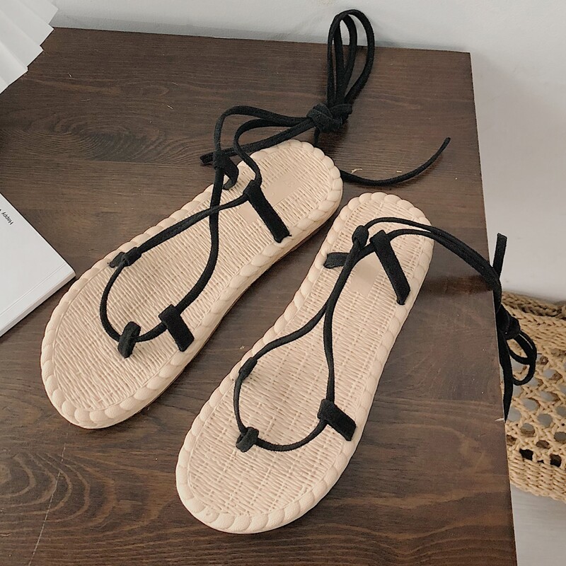 

Toe Post Tie Leg Sandals, Black