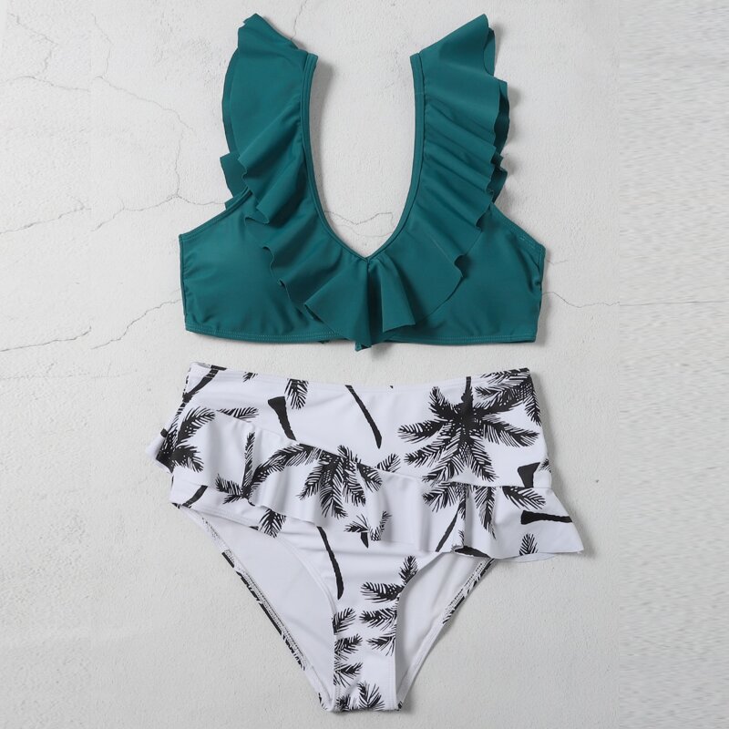 

Palm Print Ruffle Bikini Swimsuit, Multicolor