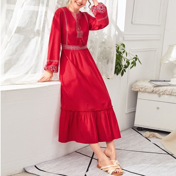 

Tie Neck Lantern Sleeve Embroidery Detail Dress, Red
