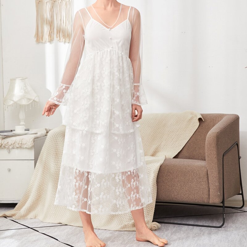 

Button Front Sheer Lace 2 In 1 Nightdress, White