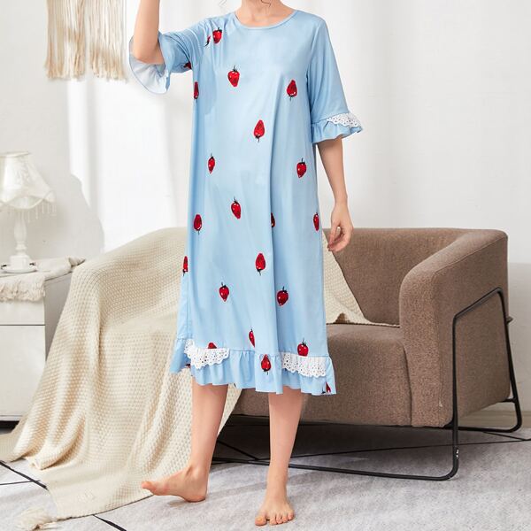 

Schiffy Ruffle Trim Strawberry Print Nightdress, Blue