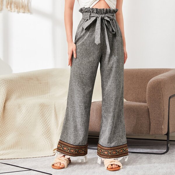 

Paperbag Waist Belted Tribal Tape Hem Linen Look Pants, Grey
