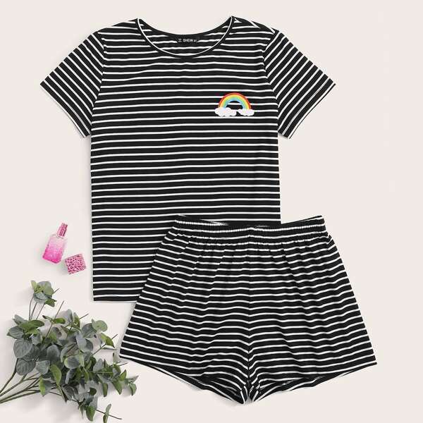 

Rainbow Print Striped Top & Shorts PJ Set, Black