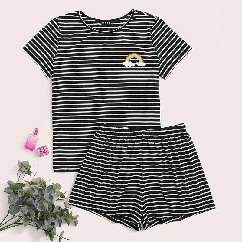 

Rainbow Print Striped Top & Shorts PJ Set, Black