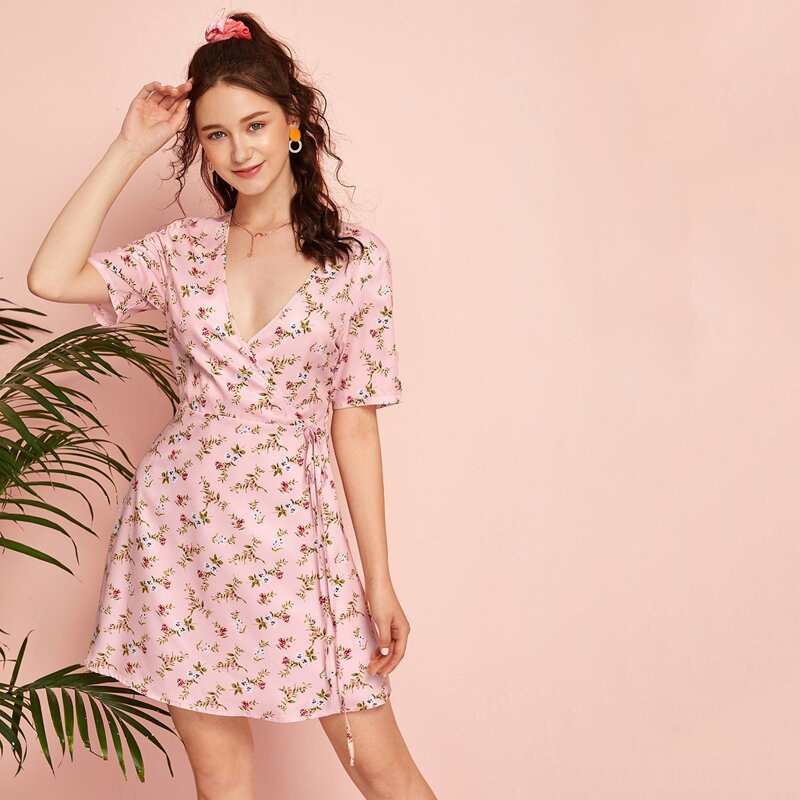 

Ditsy Floral Wrap Tie Dress, Pink