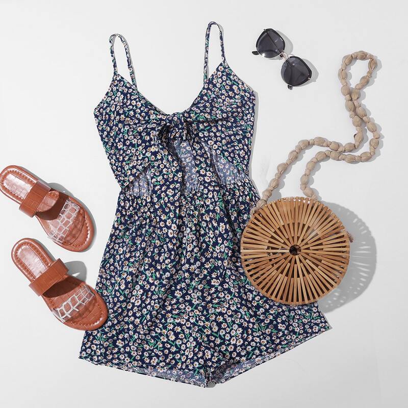 

Ditsy Floral Tie Front Cami Romper, Multicolor