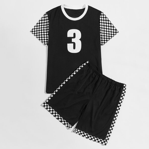 

Men Checked Number Print Tee & Track Shorts, Black