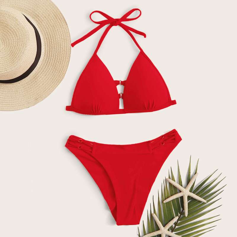 

Ring Linked Halter Triangle Bikini Swimsuit, Red
